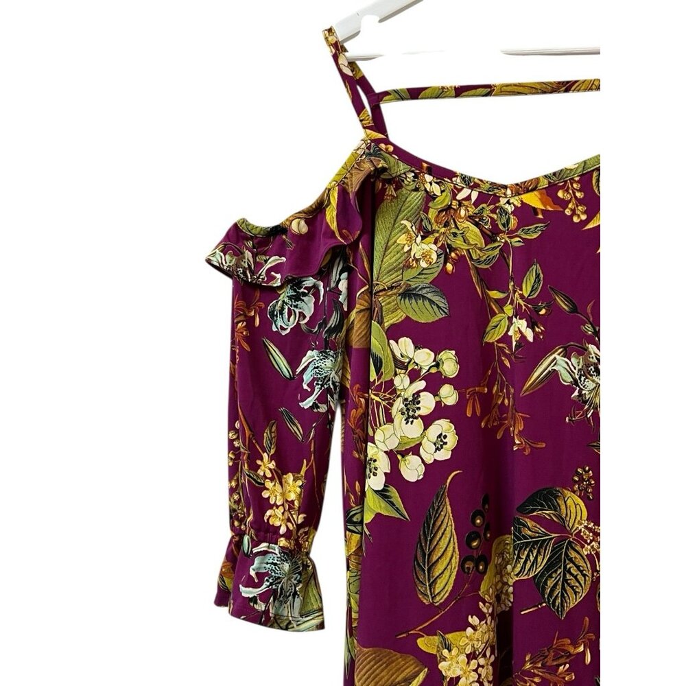 Du Jour Cold Shoulder Dress Floral Purple Raspberry Ruffle 3/4 Sleeve Size Large - Picture 11 of 16